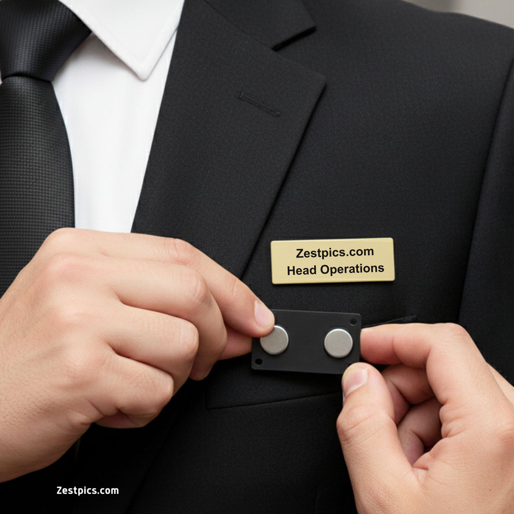 Engraved metal name brooch with custom name – silver & gold finish for office, events, and corporate gifting | Zestpics
