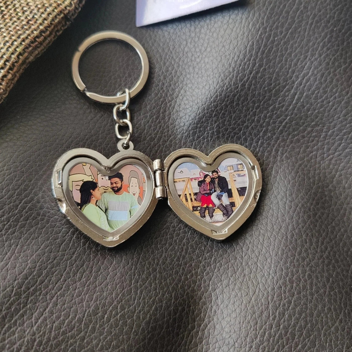 Personalized Heart Shaped Silver Metal Keychain with Name 2 Photos Zestpics