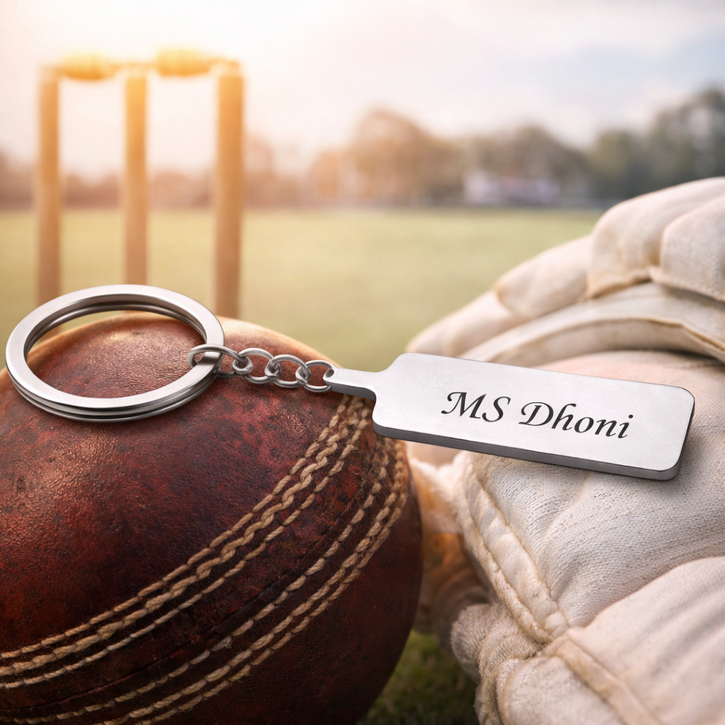 Personalised Name Engraved Cricket Bat Metal Keychain | Custom Name Keyring Gift