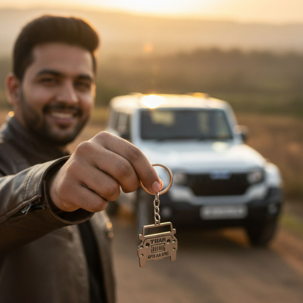 Man holding a keychain with a vehicle design in front of a blurred SUV on a road.