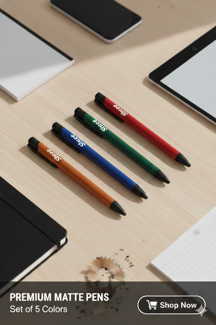 Five premium matte pens in red, green, blue, brown, and orange arranged on a desk with notebooks and a tablet | Zestpics