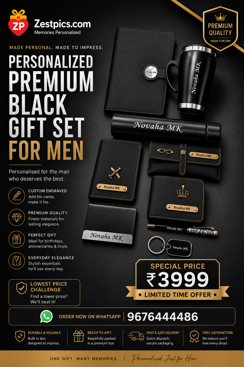 Personalized Premium Black Gift Set for Men – Diary, Mug, Wallet, Pen & Accessories | Zestpics