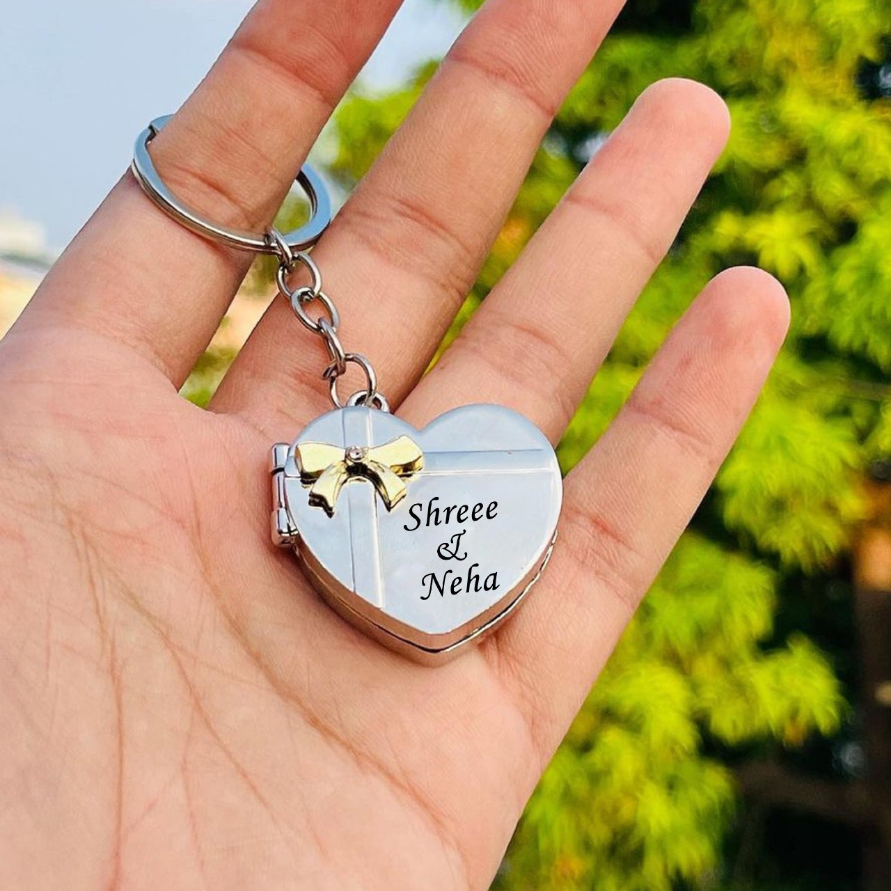 Personalized Heart Shaped Silver Metal Keychain with Name 2 Photos Zestpics