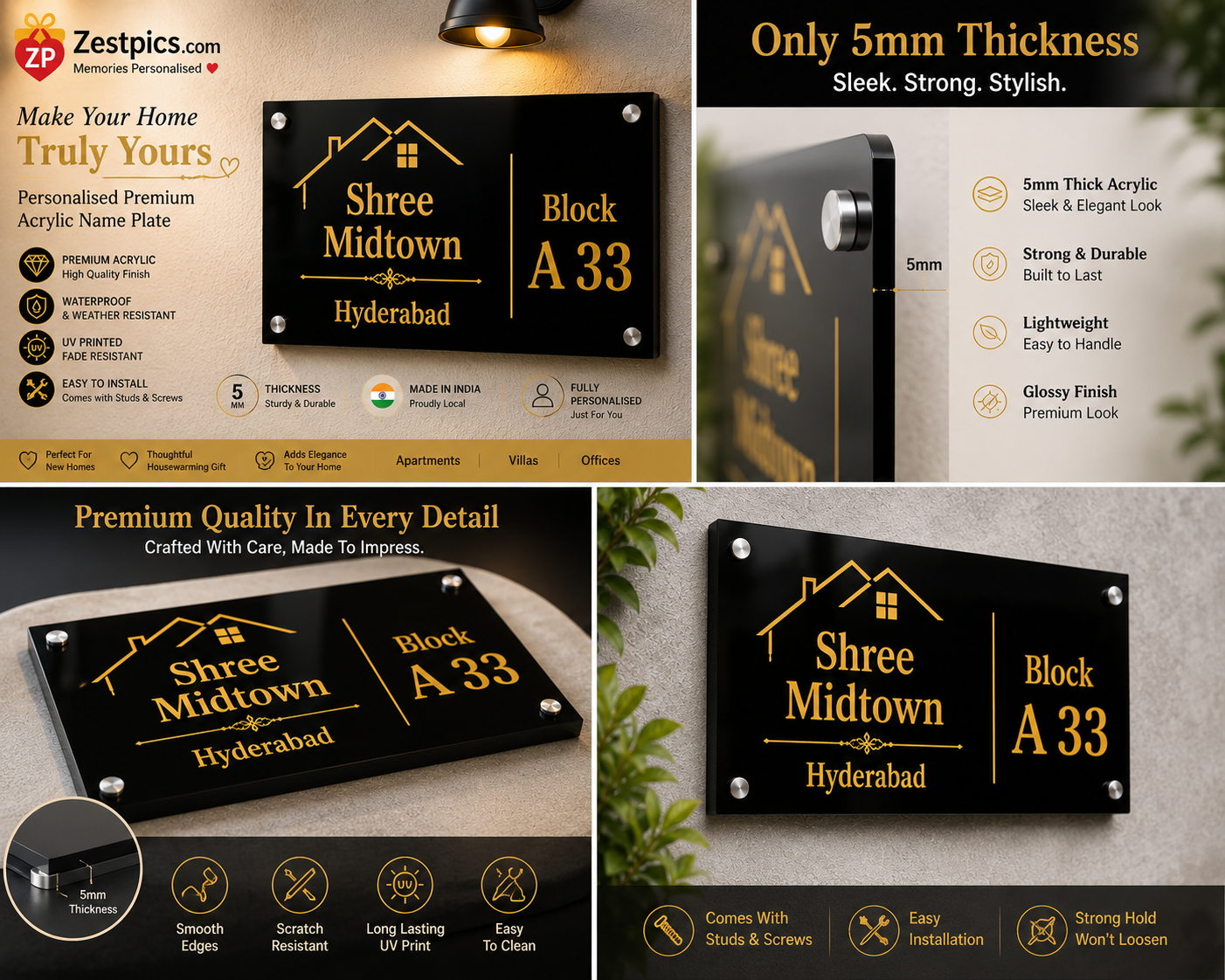 Modern personalized acrylic house name board for apartments, villas and homes | Zestpics