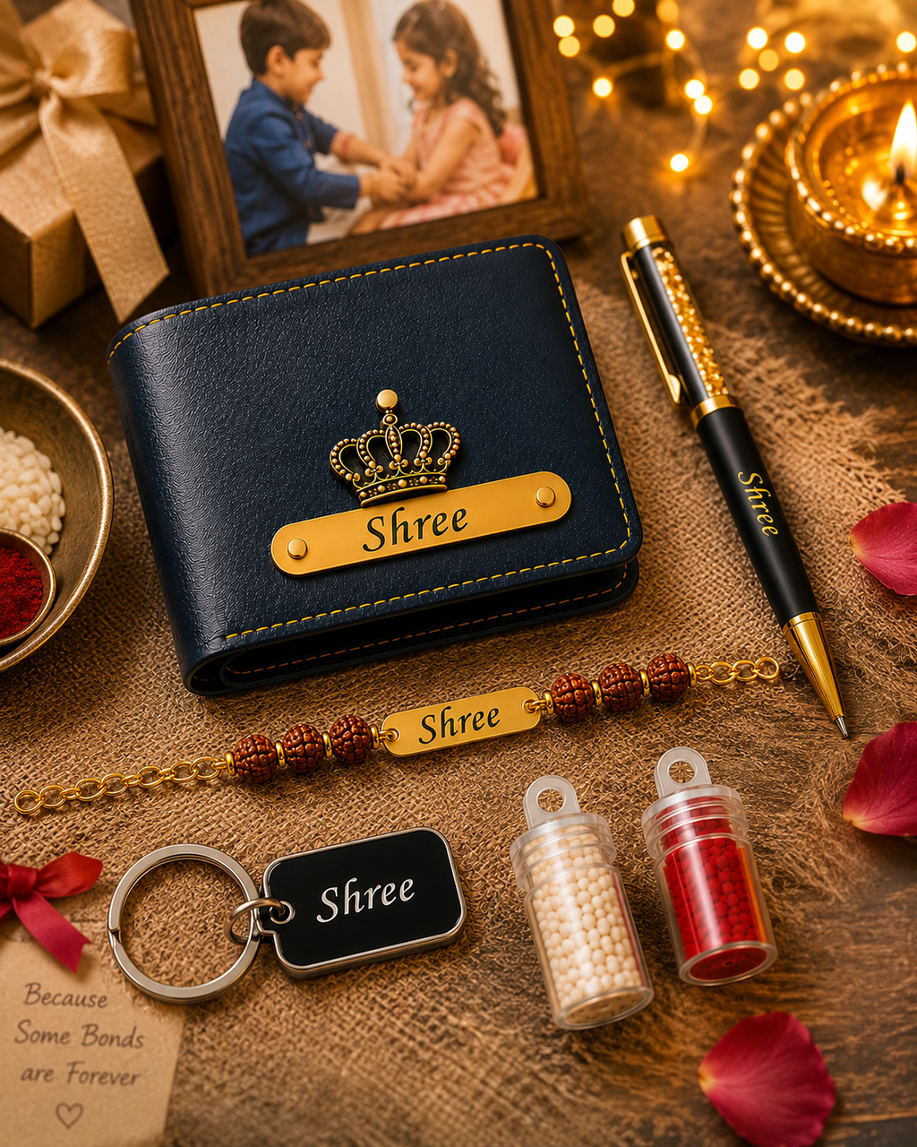 Personalized Rakhi Gift Combo with Wallet and Rudraksha Bracelet | Zestpics