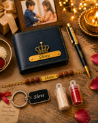Personalized Rakhi Gift Combo with Wallet and Rudraksha Bracelet | Zestpics