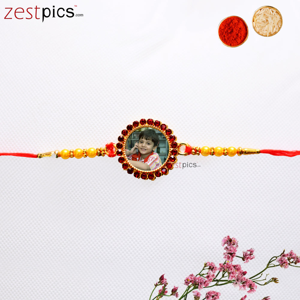 Personalized Red Stone Round Photo Rakhi for Brother on Raksha Bandhan | Zestpics

