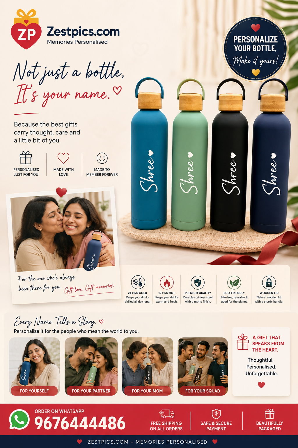 Personalized Ultra Luxurious Vacuum Insulated Steel Water Bottles with wooden lid