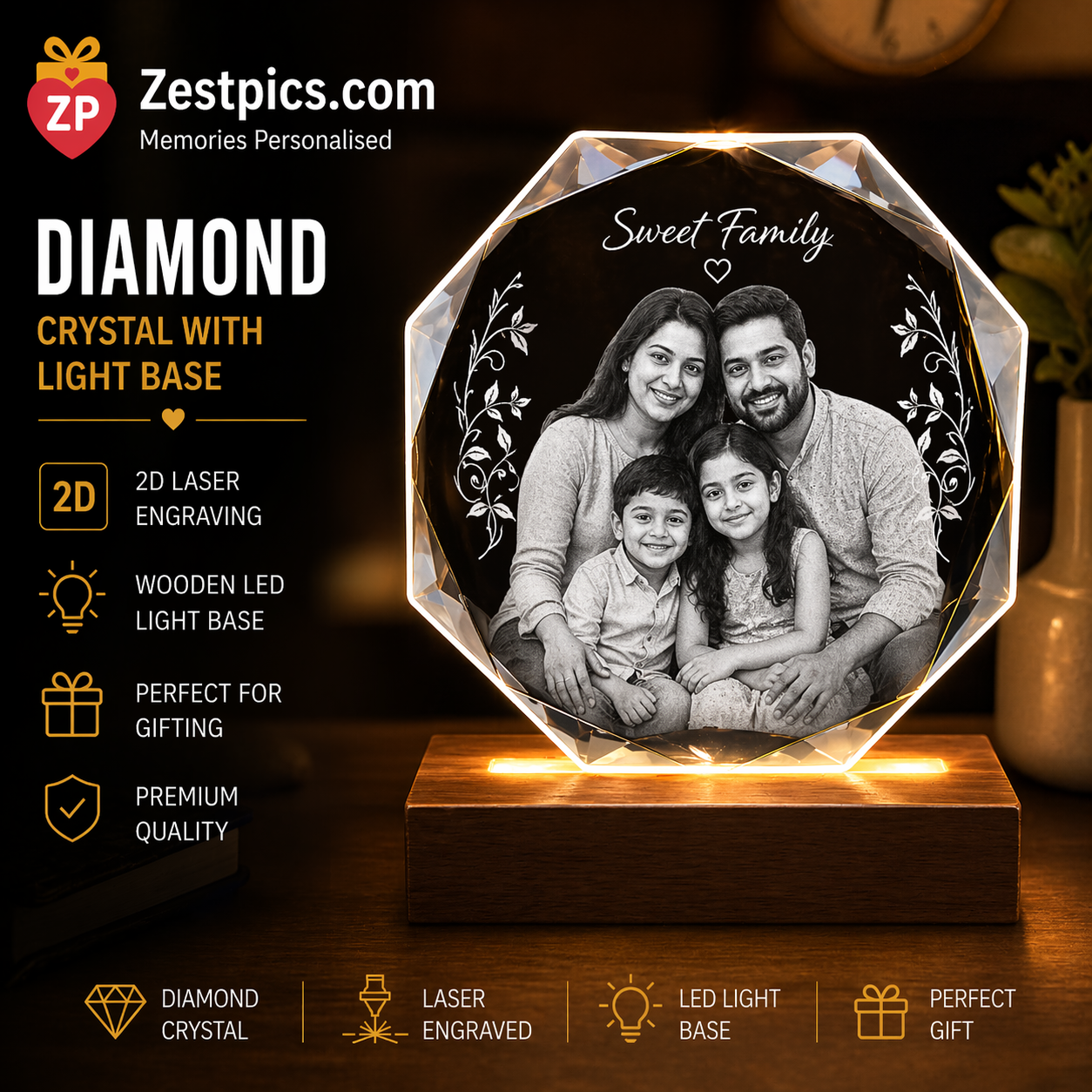Diamond crystal engraved family photo gift | Zestpics