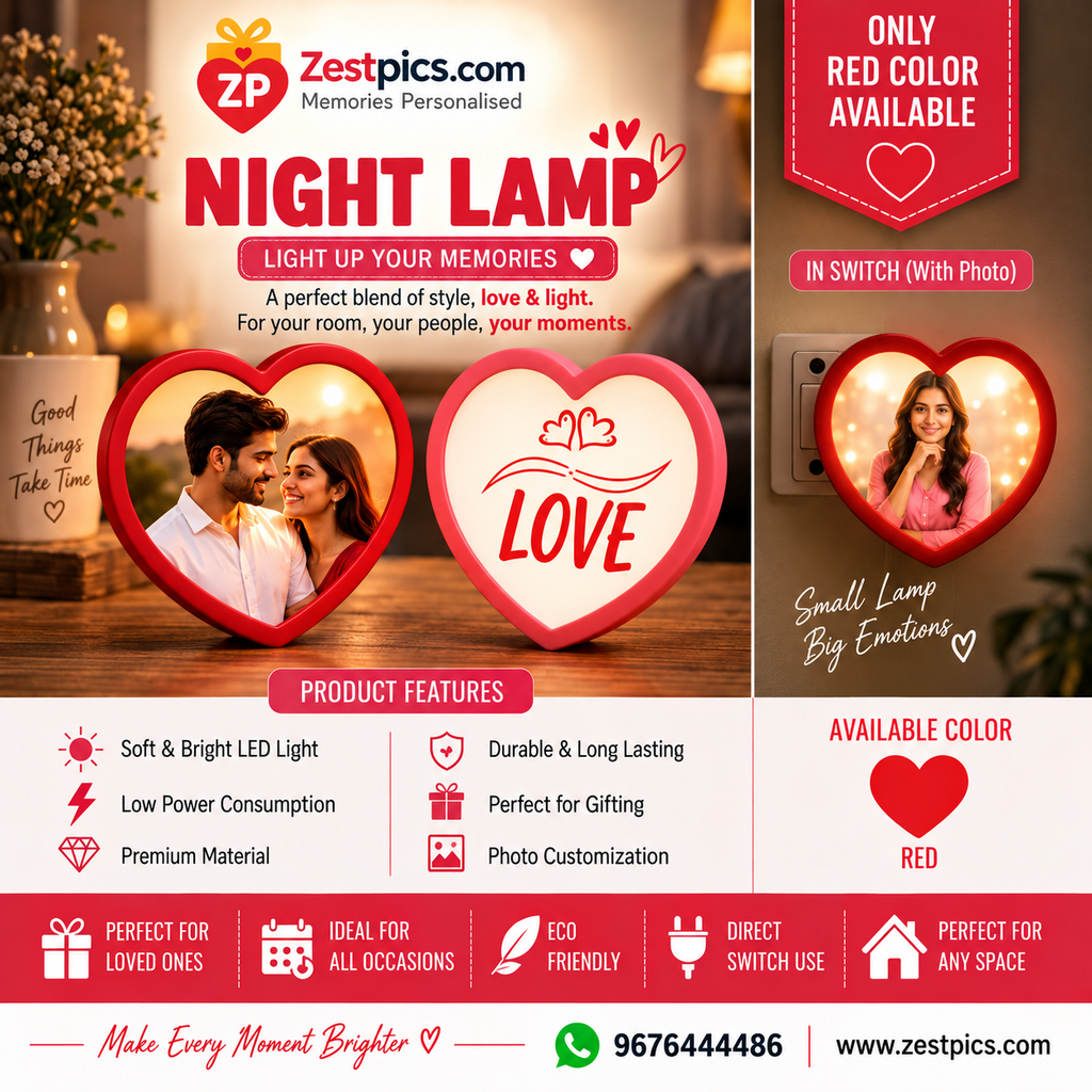 Red personalized photo night lamp glowing with warm LED light