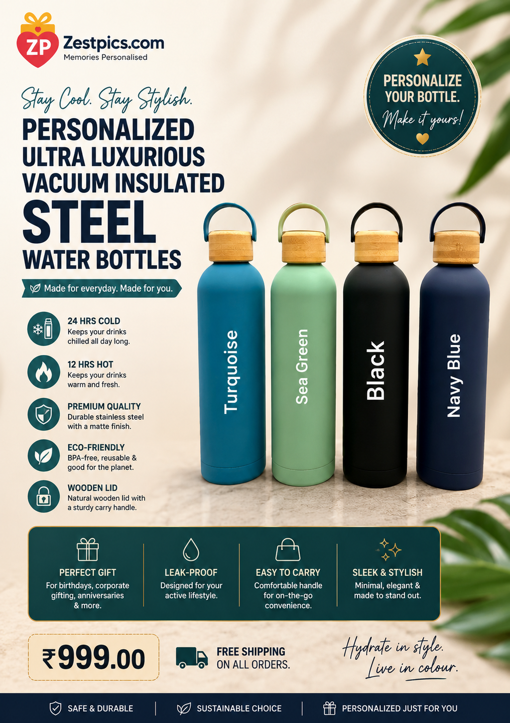 Personalized Ultra Luxurious Vacuum Insulated Steel Water Bottles with wooden lid | Zestpics