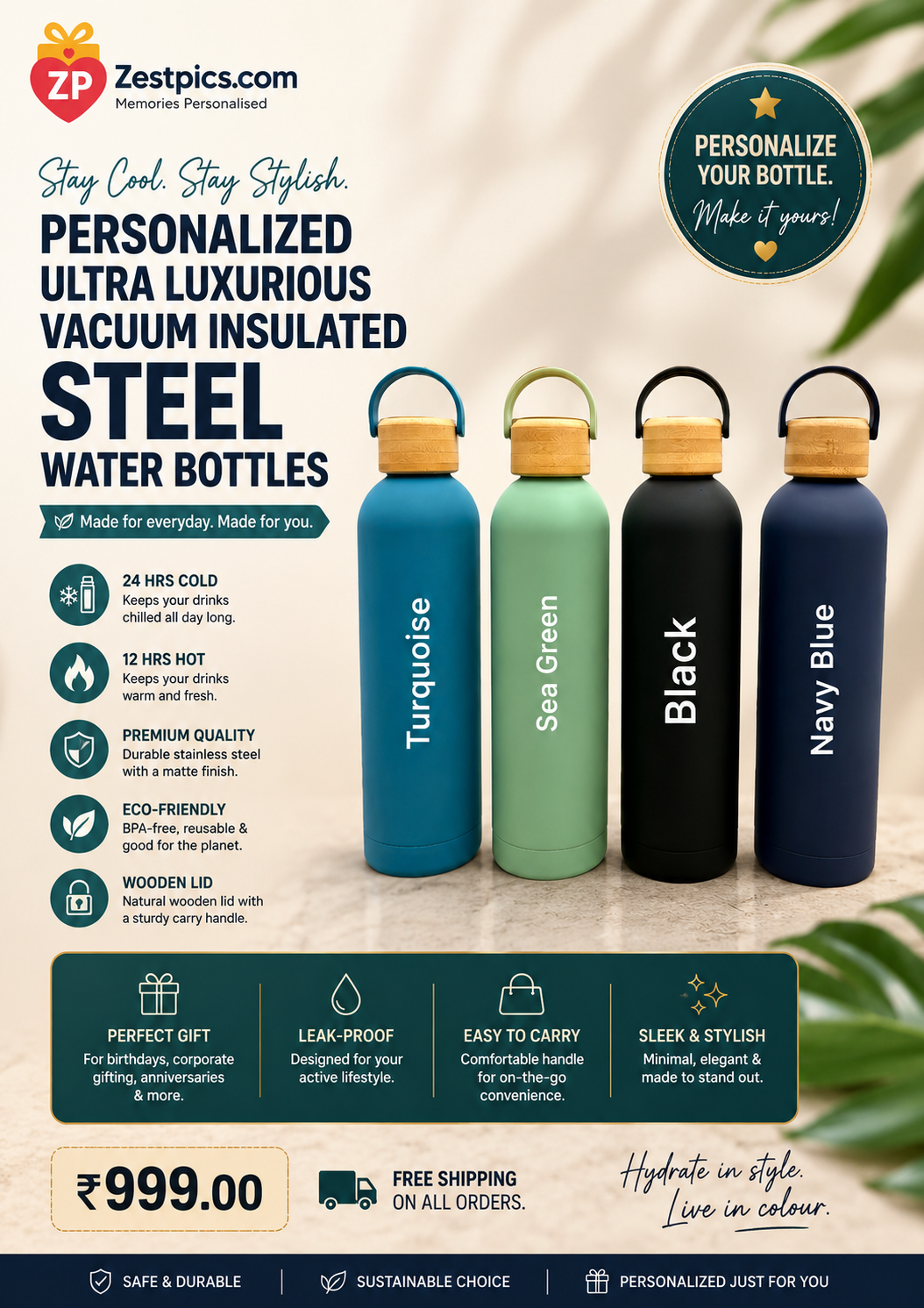 Personalized Ultra Luxurious Vacuum Insulated Steel Water Bottles with wooden lid | Zestpics