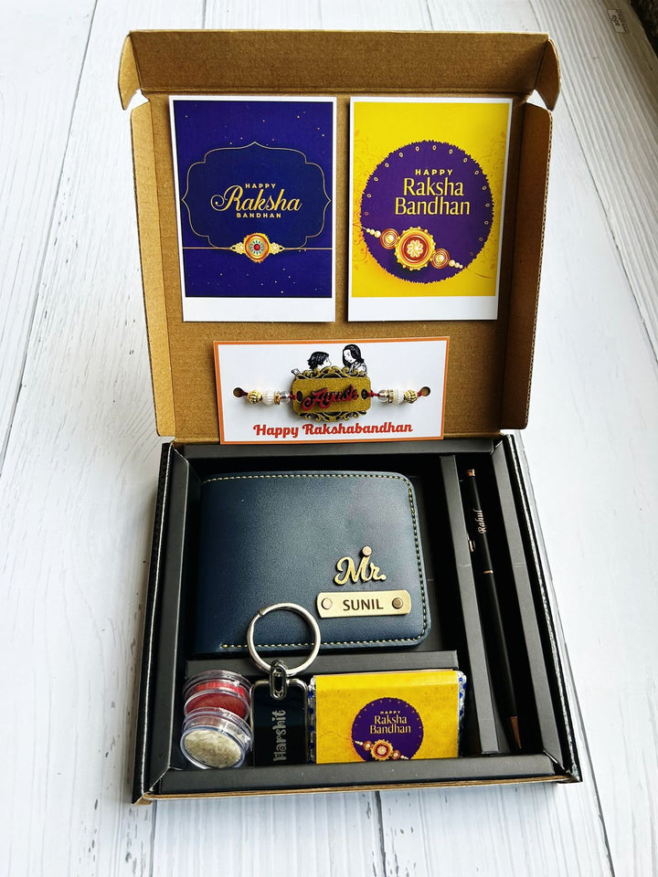 Rakhi Combo 2.0: Personalized Gifts for Brother (Wallet, Pen, Keychain, Rakhi) | Zestpics