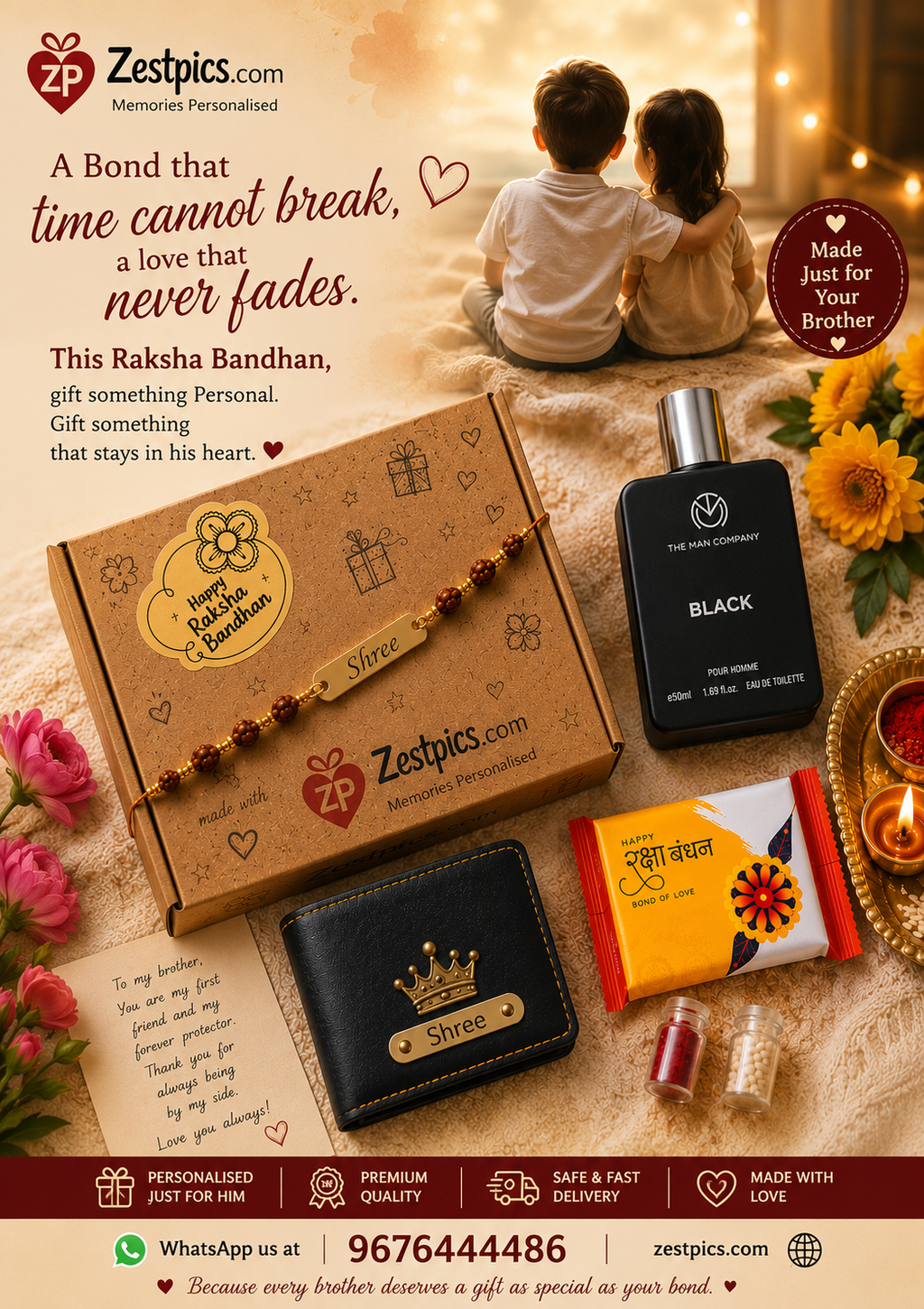 Personalized Rakhi Gift Hamper with Name Wallet & Perfume | Zestpics