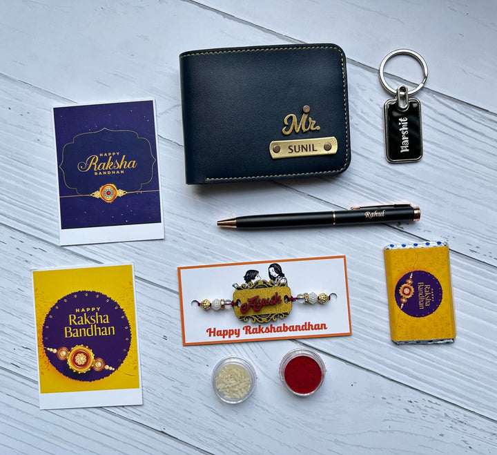 Rakhi Combo 2.0: Personalized Gifts for Brother (Wallet, Pen, Keychain, Rakhi) | Zestpics