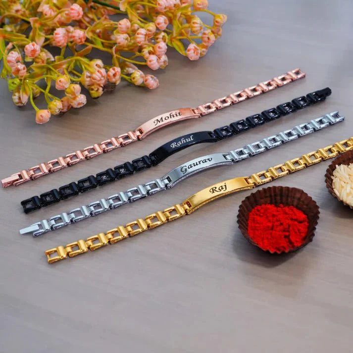 Simple personalized Rakhi with engraved name plate on metal bracelet – traditional Raksha Bandhan gift | Zestpics