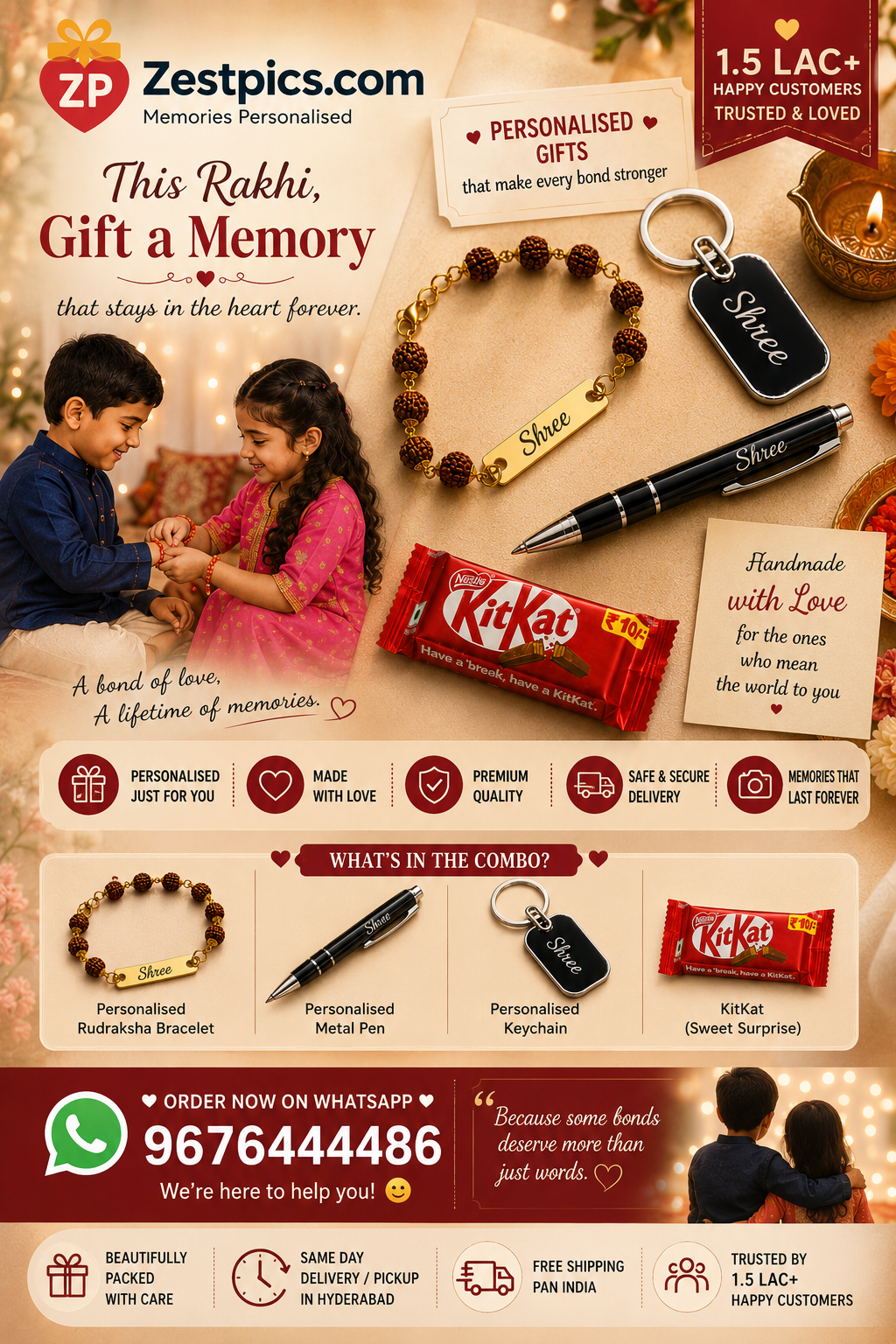 Custom Name Engraved Rudraksha Bracelet, Personalised Pen and Keychain Rakhi Gift Set for Brother | Zestpics