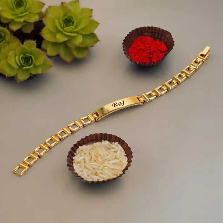 Personalized gold Rakhi bracelet with engraved name – custom Raksha Bandhan gift for brother | Zestpics