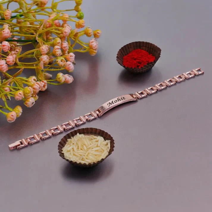 Stylish rose gold personalized Rakhi for brother – custom engraved bracelet gift for Raksha Bandhan | Zestpics