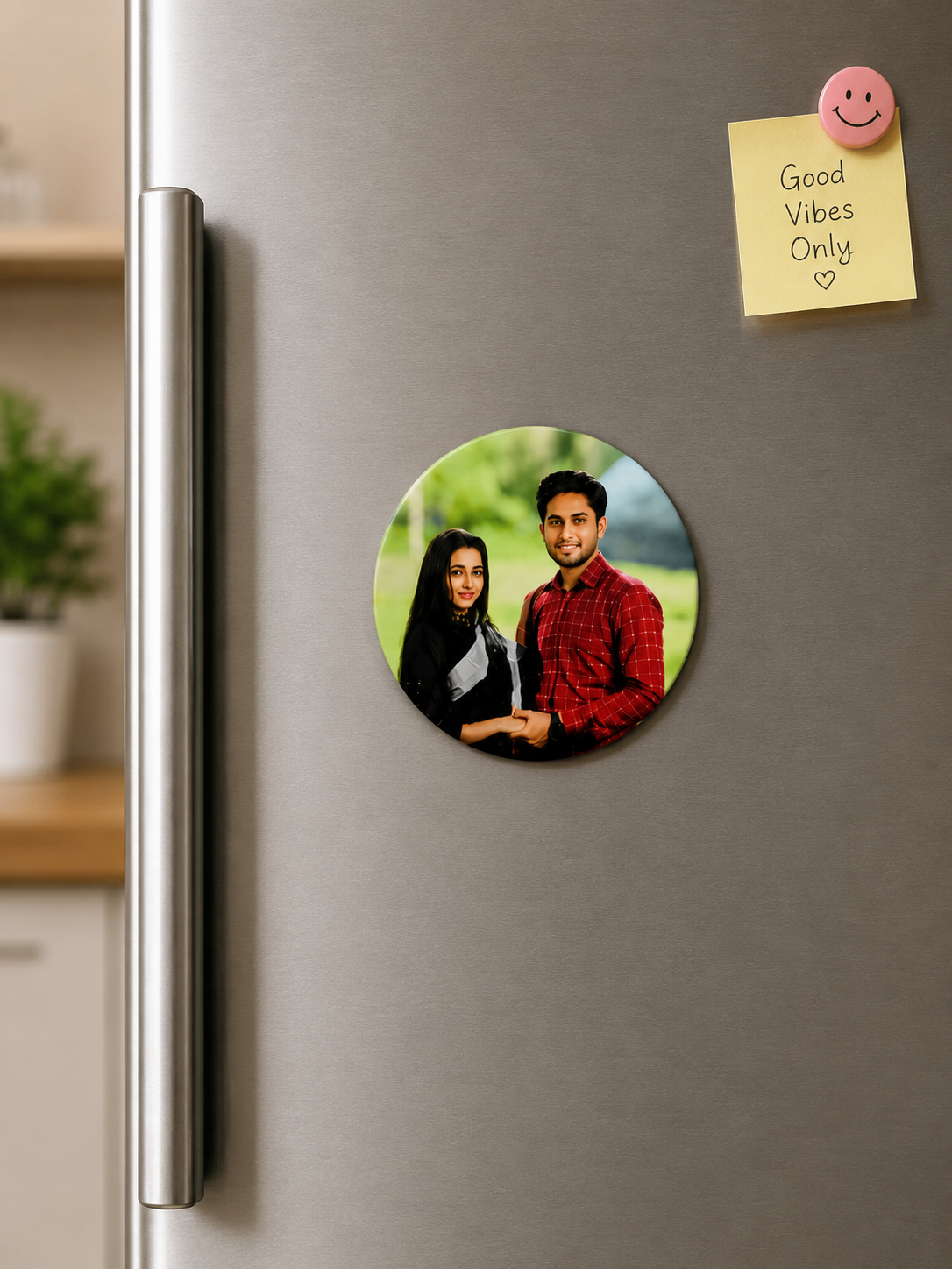 Round Personalised Photo Fridge Magnet on Refrigerator – Custom Couple Photo Magnet by Zestpics