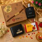 Personalized Rakhi Gift Hamper for Brother with Name Wallet, Rudraksha Rakhi, Perfume & Chocolate | Raksha Bandhan Gift Box