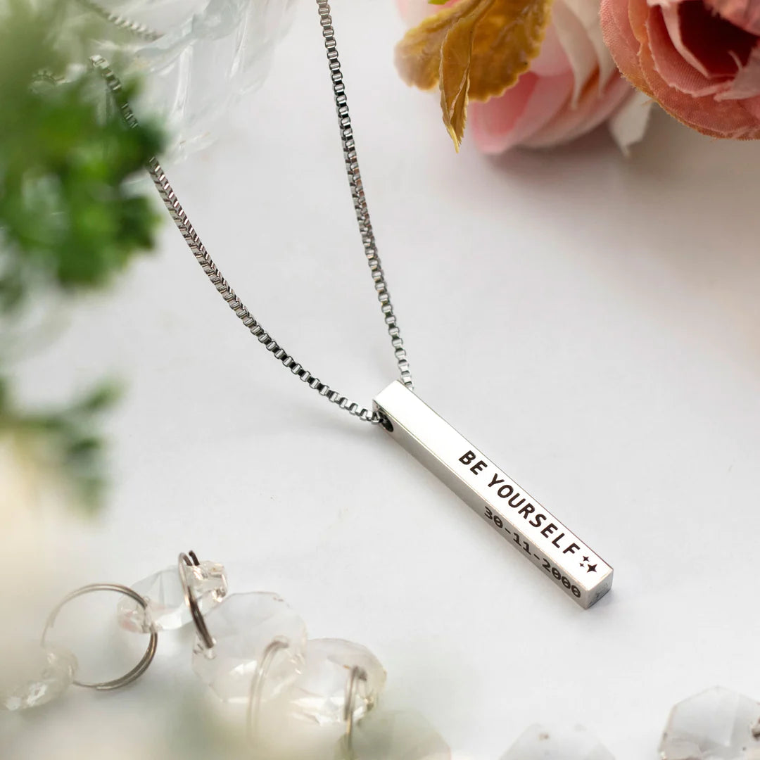 Premium Customised Cuboid Bar Name Necklace - Silver - Stainless Steel with 200-Day Warranty  at Zestpics