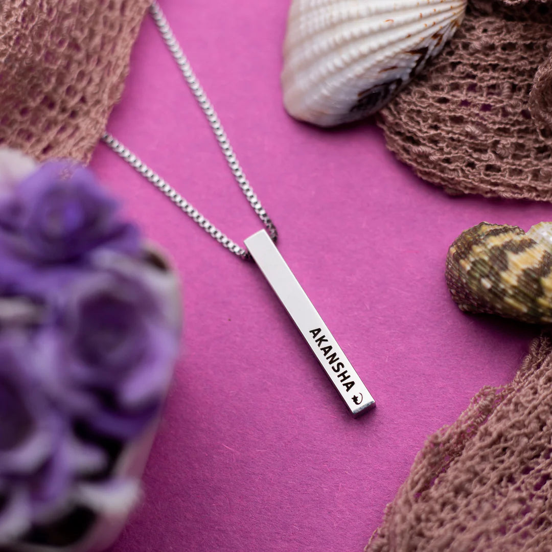 Premium Customised Cuboid Bar Name Necklace - Silver - Stainless Steel with 200-Day Warranty  at Zestpics