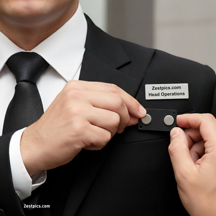 Corporate engraved metal name badge – personalised metal name brooch for office and professional use | Zestpics.com