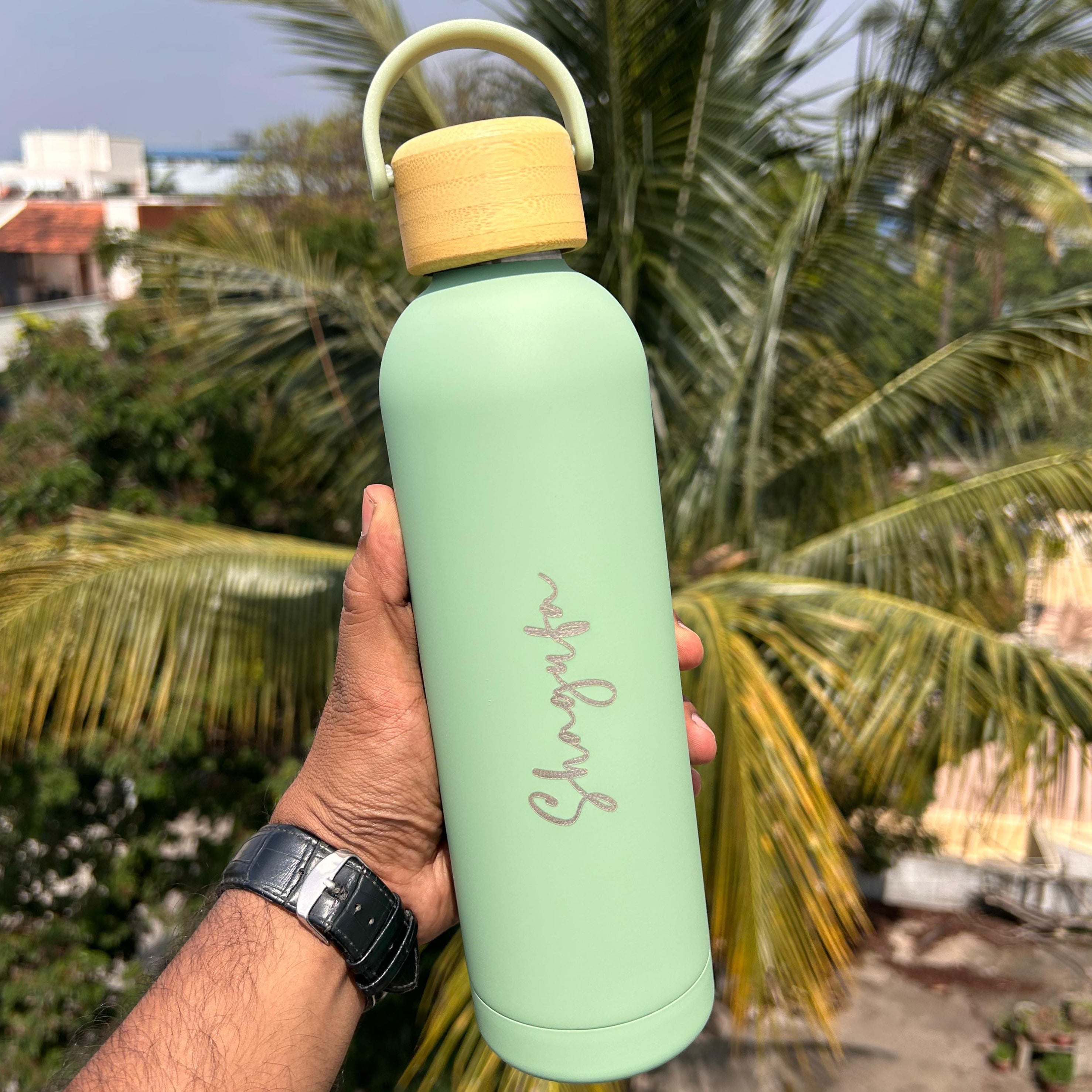 Close-up of engraved name on a Personalized Hot & Cold Fossil Flask. (Zestpics)