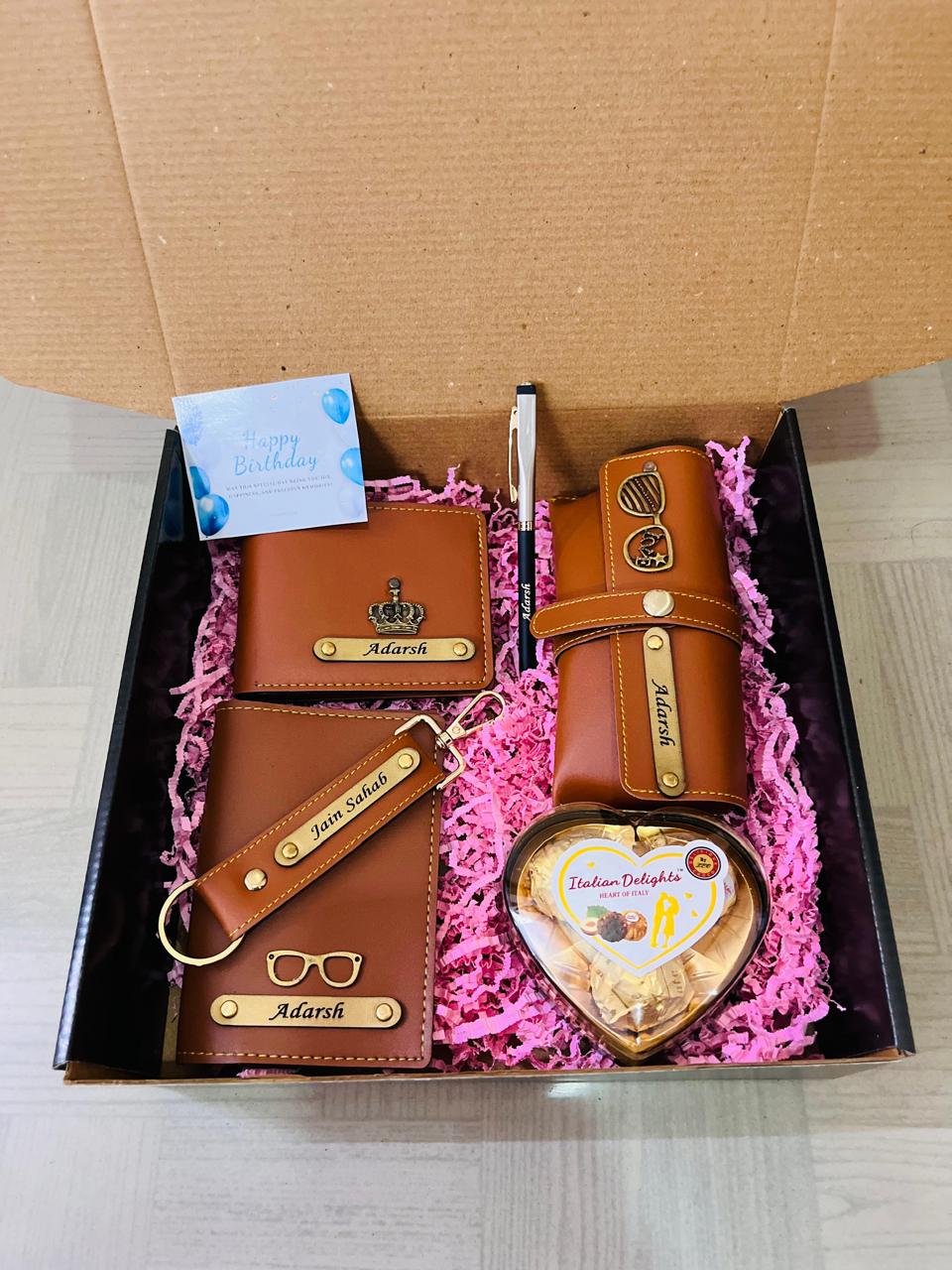 Engraved birthday gift set for men with name – premium personalised gift | Tan Color
