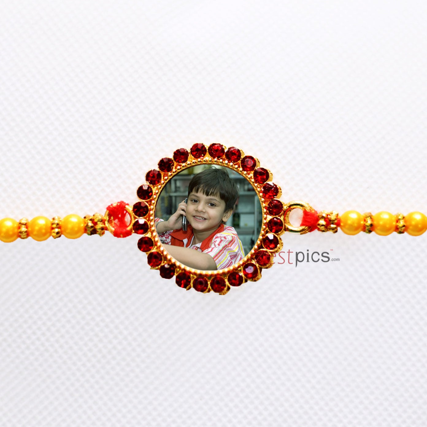 This Raksha Bandhan, Adorn His Wrist with a Fiery Bond: Personalized Red Stone Round Shape Photo Rakhi | Zestpics