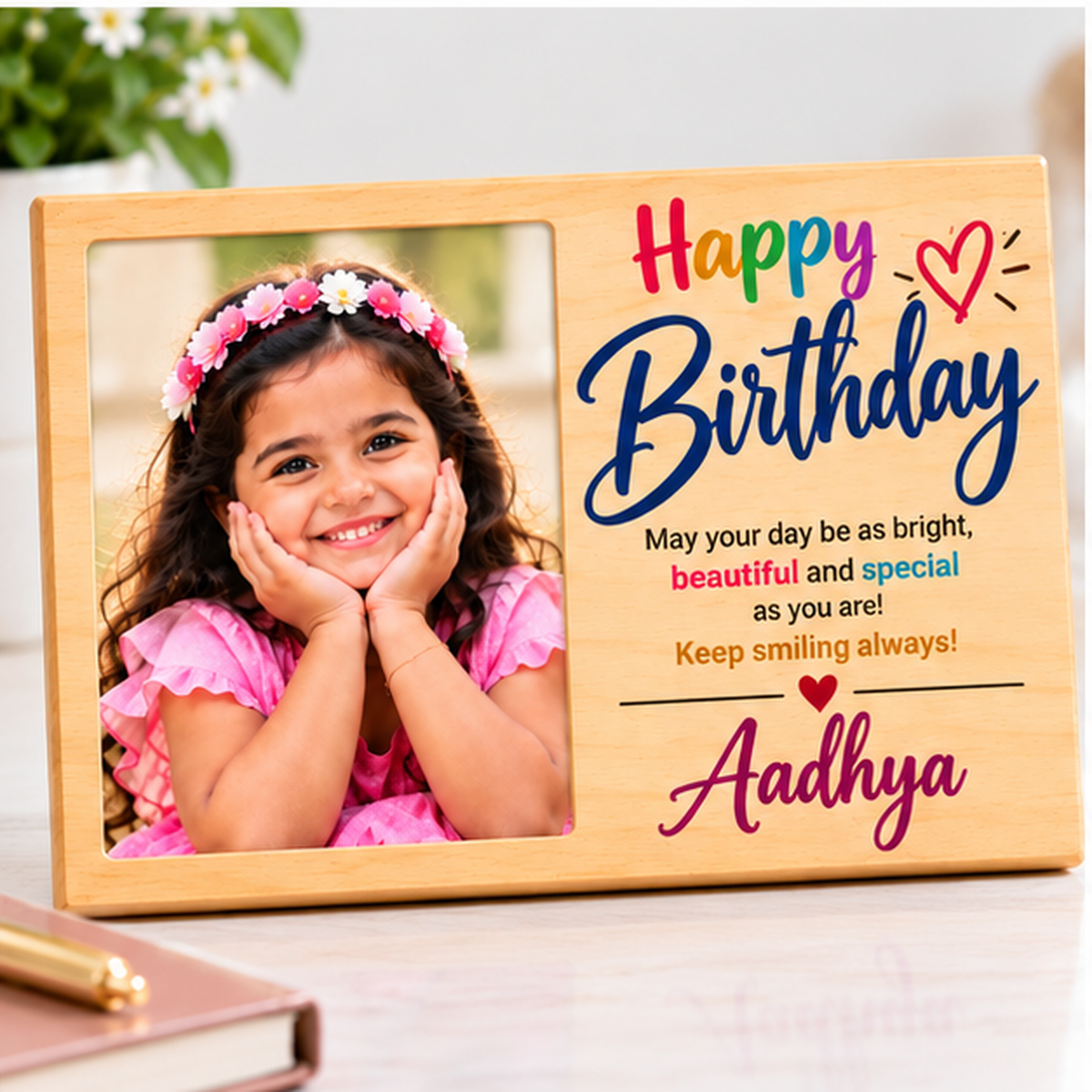 Personalized wooden Happy Birthday photo plaque gift for baby, simple lifestyle product image