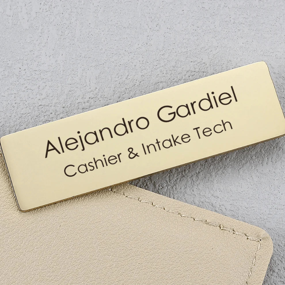 Personalised Metal Name Brooch – Engraved Rectangle in Silver & Gold Finish | Custom Name Badge
