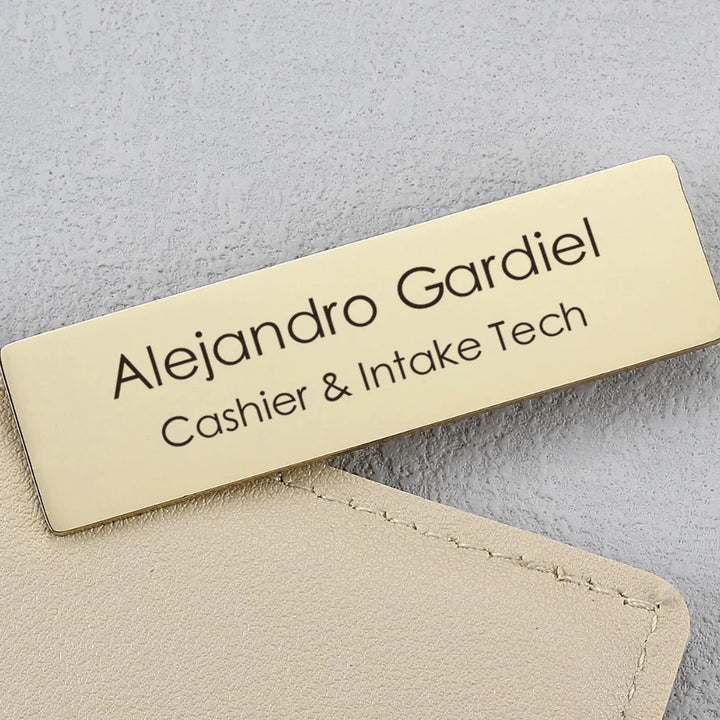 Personalised Metal Name Brooch – Engraved Rectangle in Silver & Gold Finish | Custom Name Badge