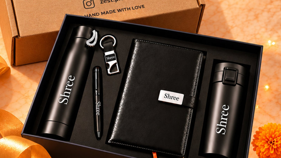 Diwali corporate gift sets in Hyderabad: personalised bottles, pen, keychain and diary in a gift box