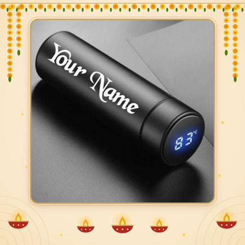 Personalised smart water bottle with Your Name and temperature display, Diwali gift with marigolds and diyas