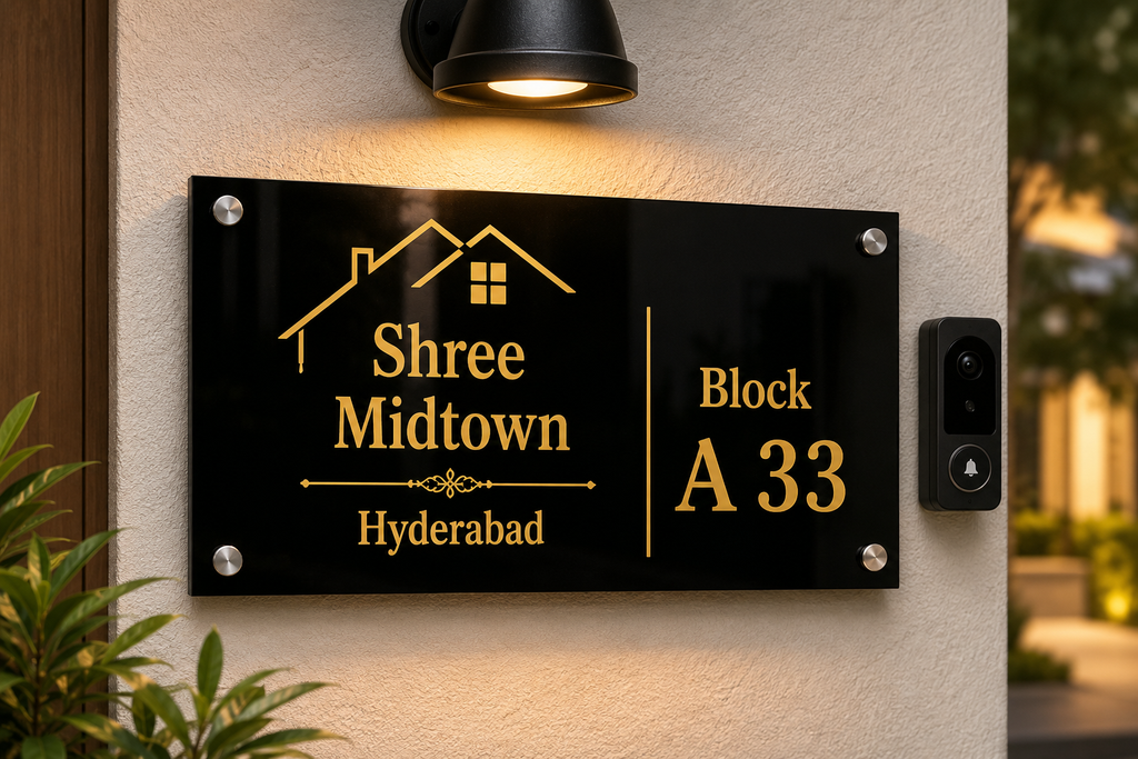 Premium 5mm black acrylic name plate with stainless steel silver studs for home entrance | Zestpics