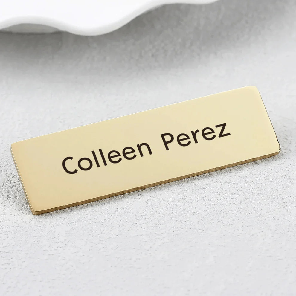 Personalised Metal Name Brooch – Engraved Rectangle in Silver & Gold Finish | Custom Name Badge