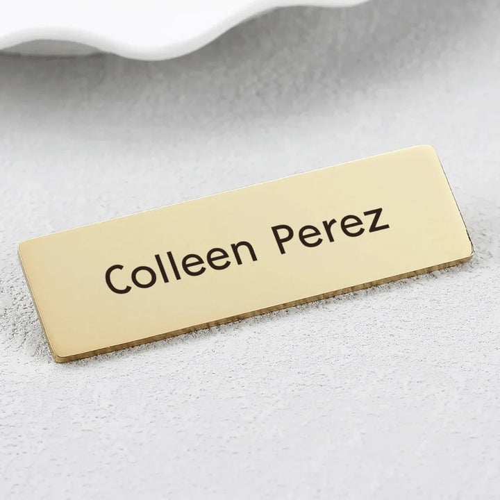 Personalised Metal Name Brooch – Engraved Rectangle in Silver & Gold Finish | Custom Name Badge