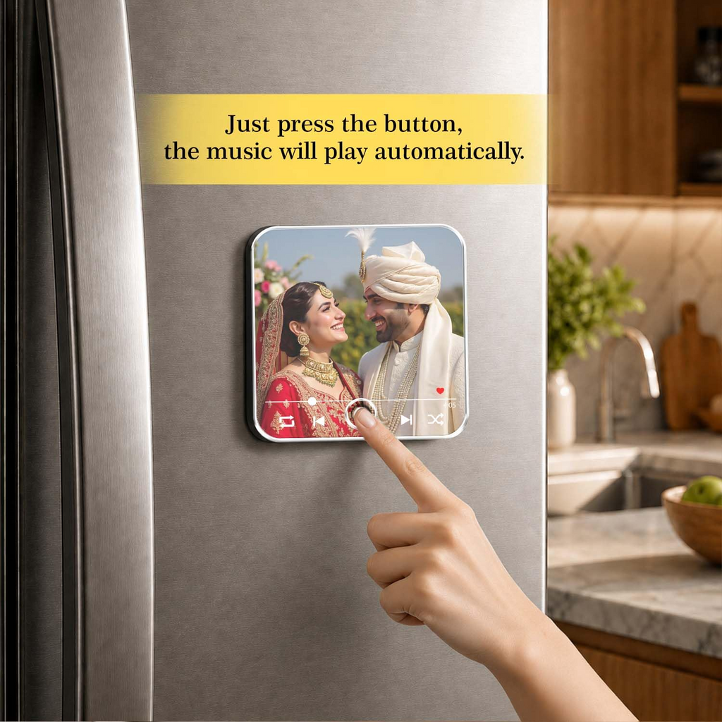 Personalised music photo magnet playing music when the play button is pressed