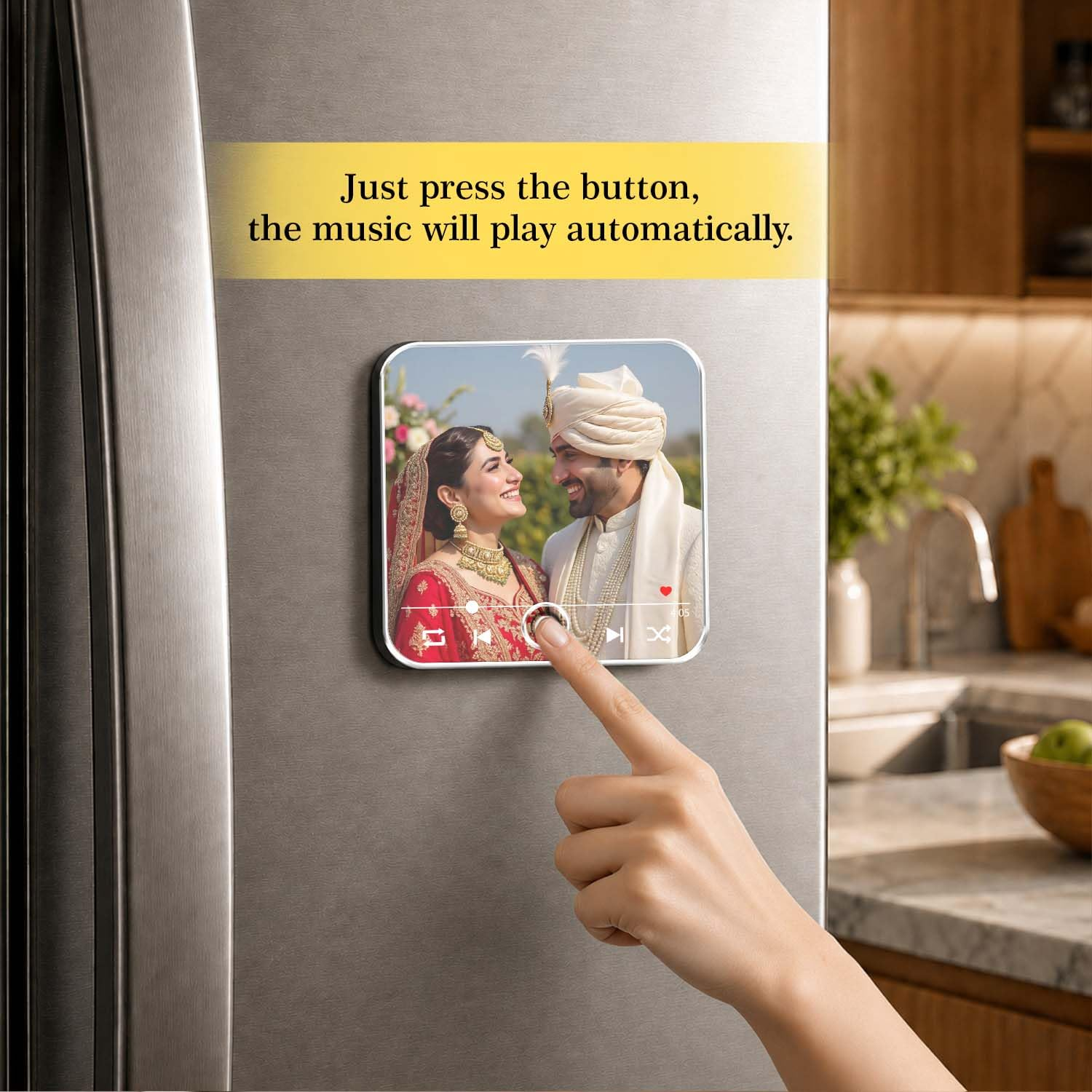 Personalised music photo magnet playing music when the play button is pressed