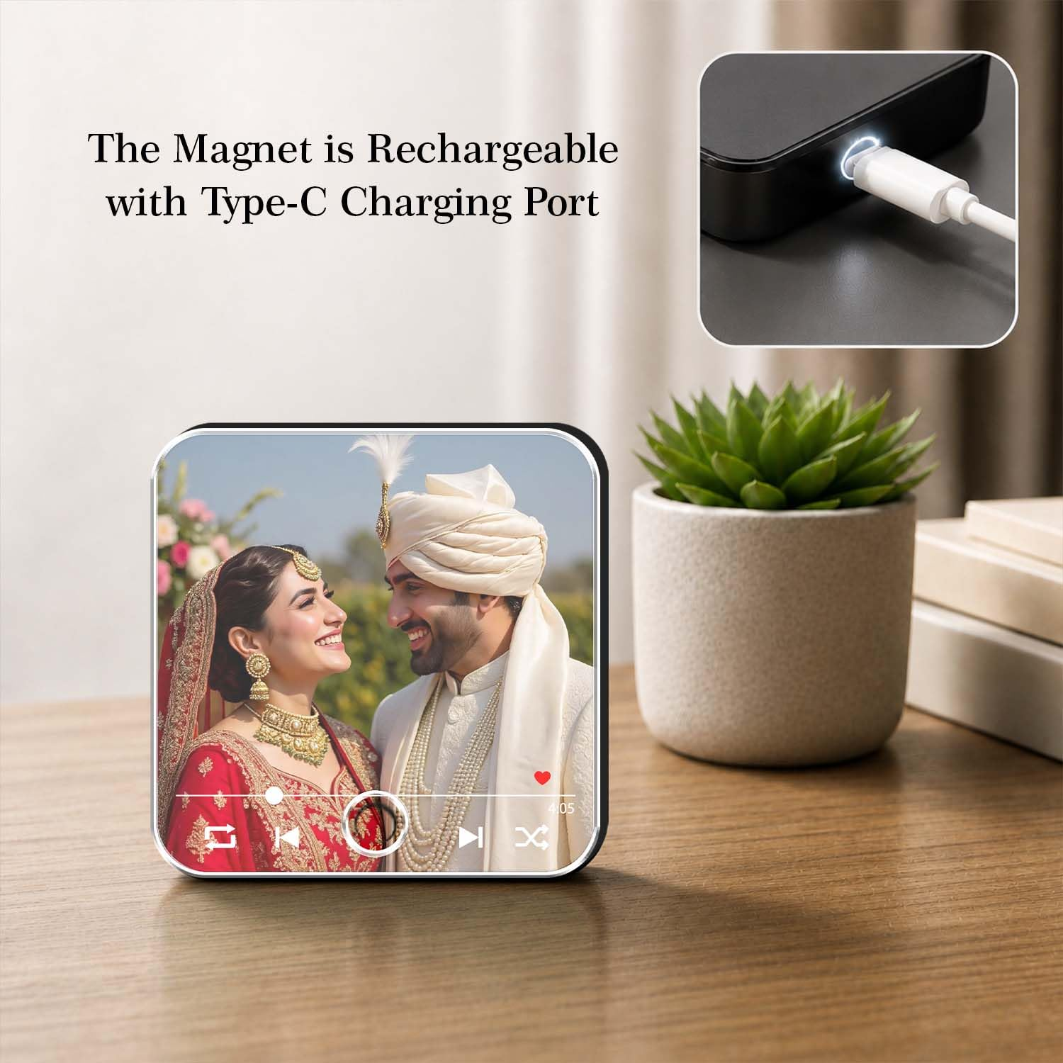 Personalised music photo magnet with Type-C rechargeable charging port
