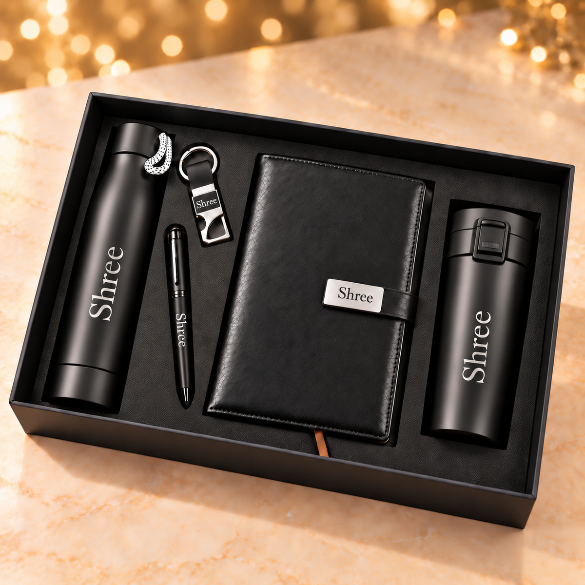Personalised corporate gift set 5-in-1 in black gift box – bottle, travel mug, diary, pen and keychain engraved with name Shree