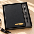 Personalised black diary with Shree on a gold nameplate and matching Shree stylus pen in a gift box
