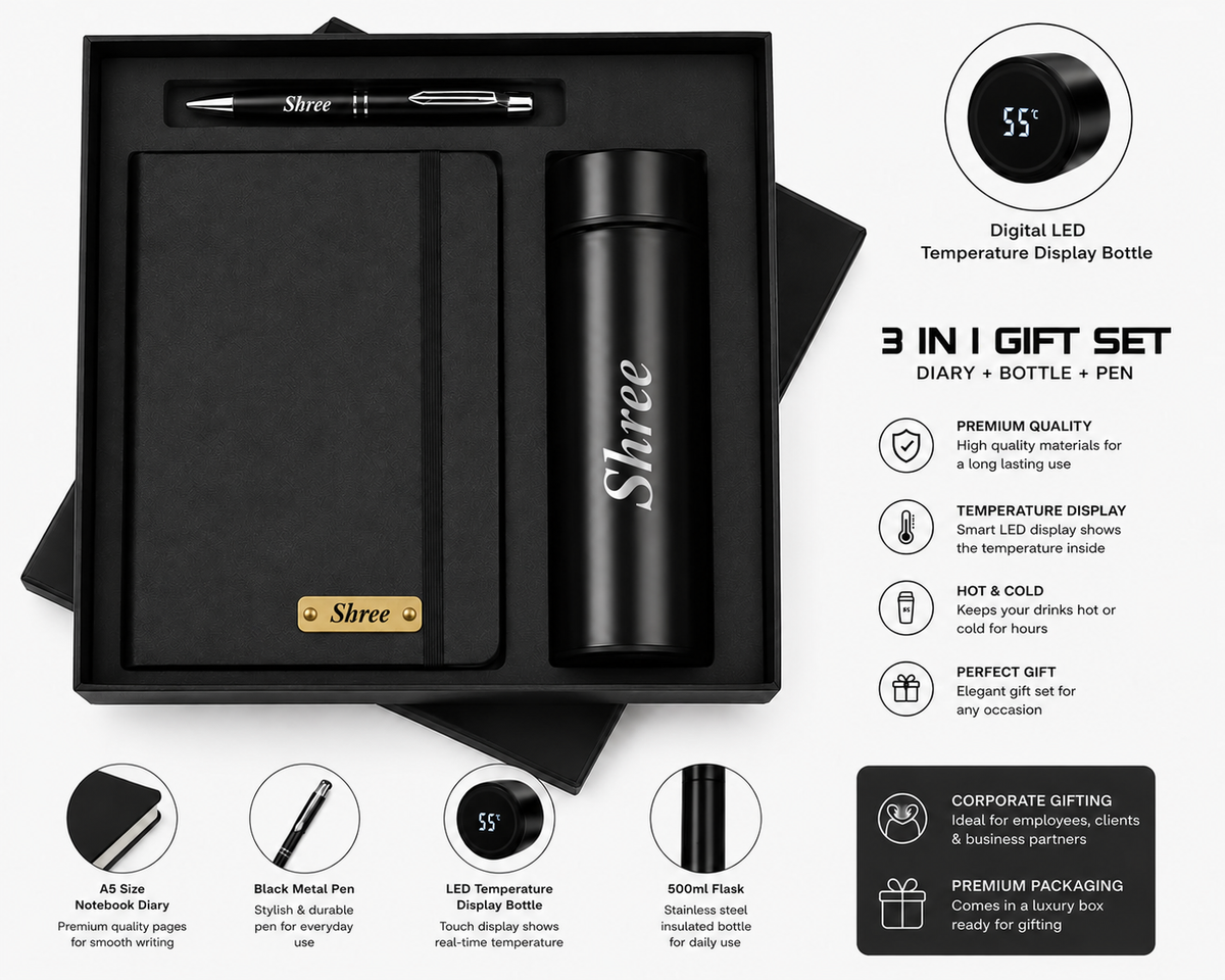 Personalised Shree diary bottle and pen gift set with product features
