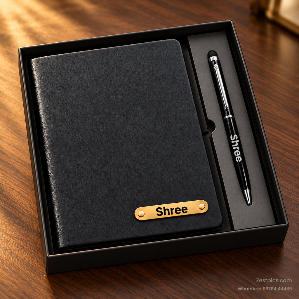 Black personalised diary and stylus pen gift set with bold Shree names on a walnut desk