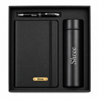 Personalised black gift set with Shree name on diary, temperature bottle and pen in a fitted gift box
