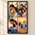 Portrait black four-photo collage wall frame with Indian family photographs on a beige wall