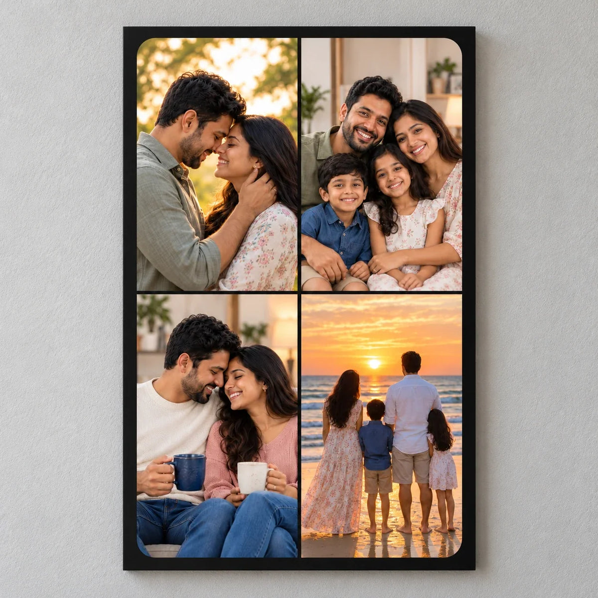 Black portrait photo collage wall frame with four Indian family photos on a grey wall