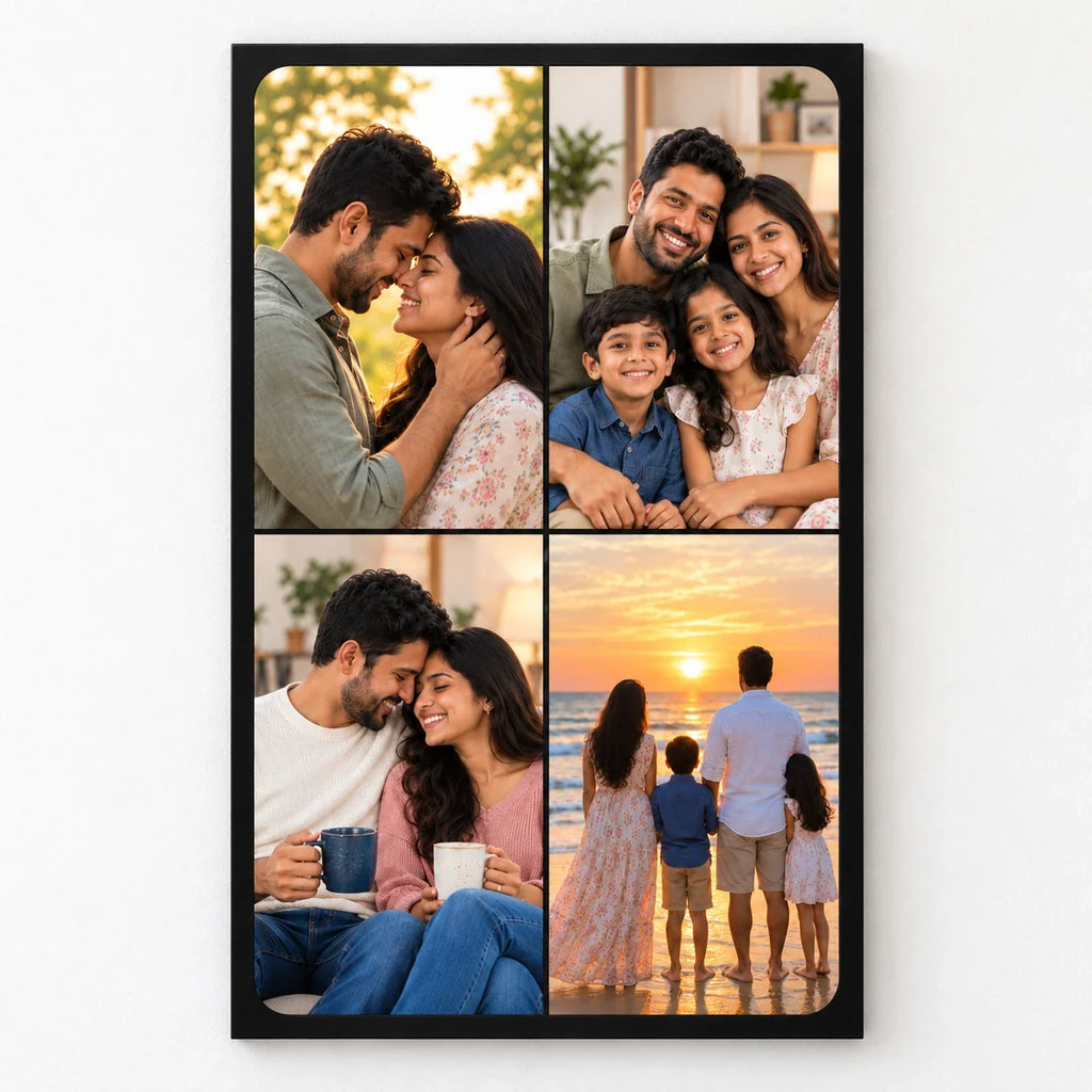 Personalised four-photo portrait wall frame in black, shown on a white wall